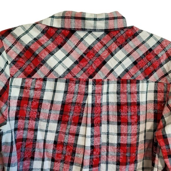Shyanne Red Flannel Plaid Button Up with Crochet Lace Trim - Picture 4 of 14